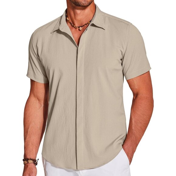 Coofandy Mens Gray Short Sleeve Casual Button Down Shirts Summer Dress Shirts - Picture 1 of 4